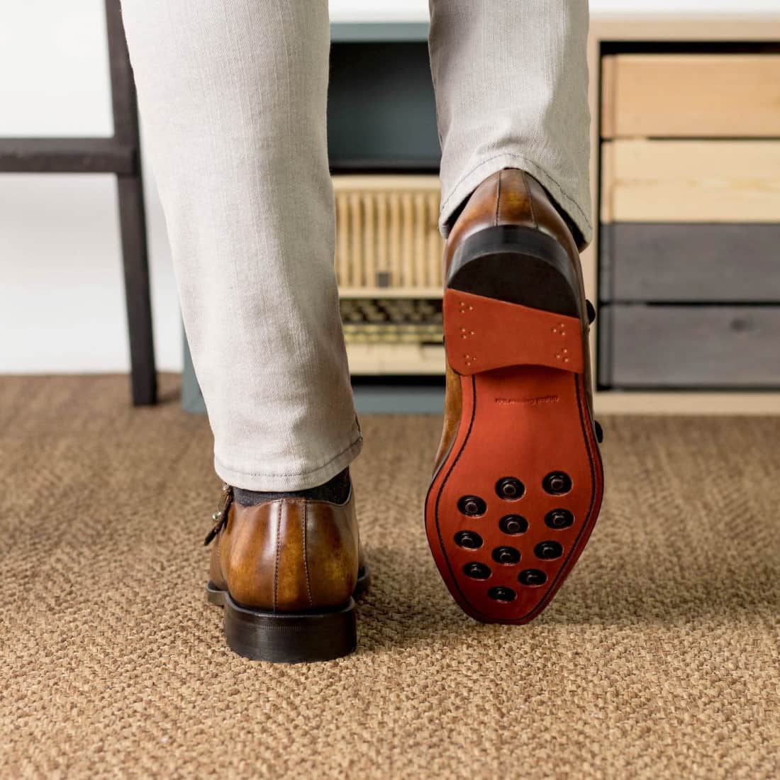 Chaussure double boucle en cuir patiné cognac - Chaussures