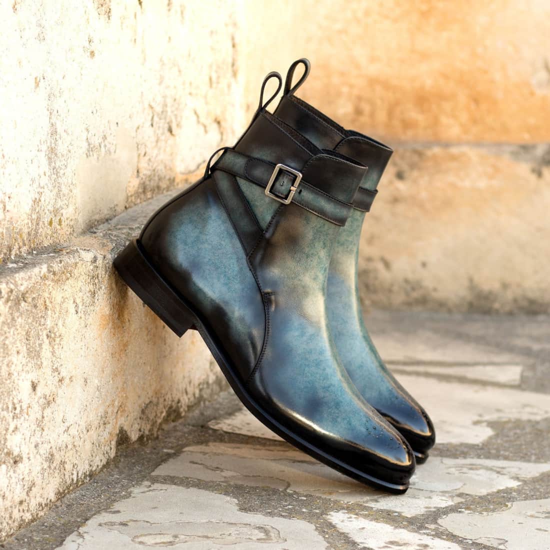 Bottines Jodhpur bout fleuri en cuir patiné bleu gris