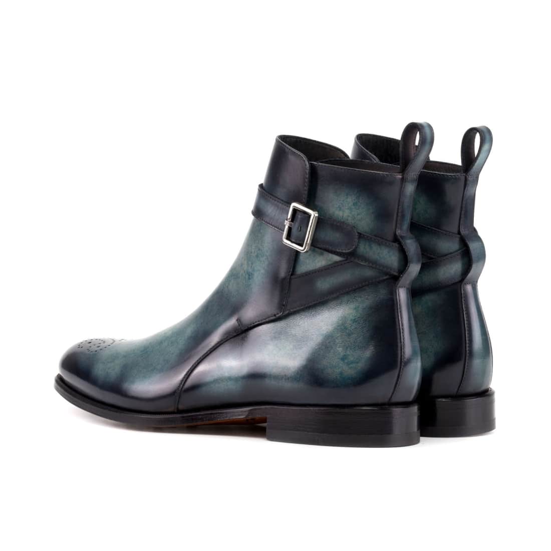 Bottines Jodhpur bout fleuri en cuir patiné bleu gris