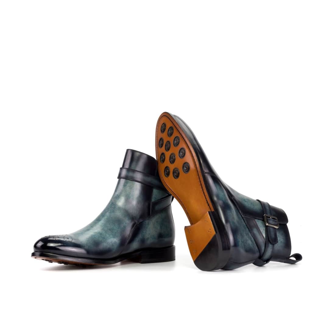 Bottines Jodhpur bout fleuri en cuir patiné bleu gris