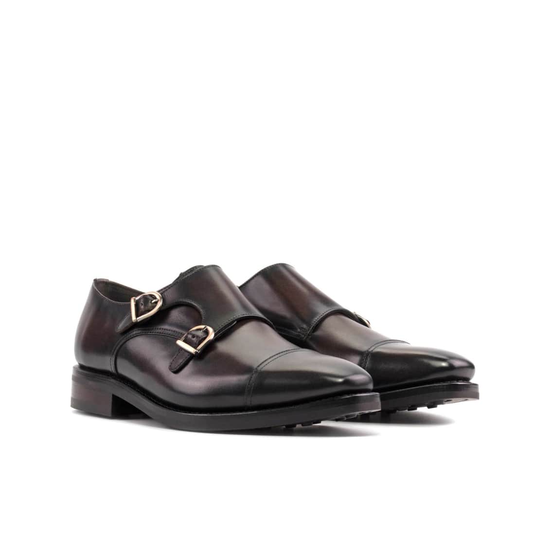 Chaussure double boucle en cuir patiné marron foncé - Semelles Dainite