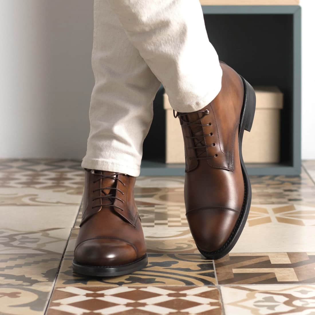 Bottines Bout Droit en cuir marron - Semelles Dainite®