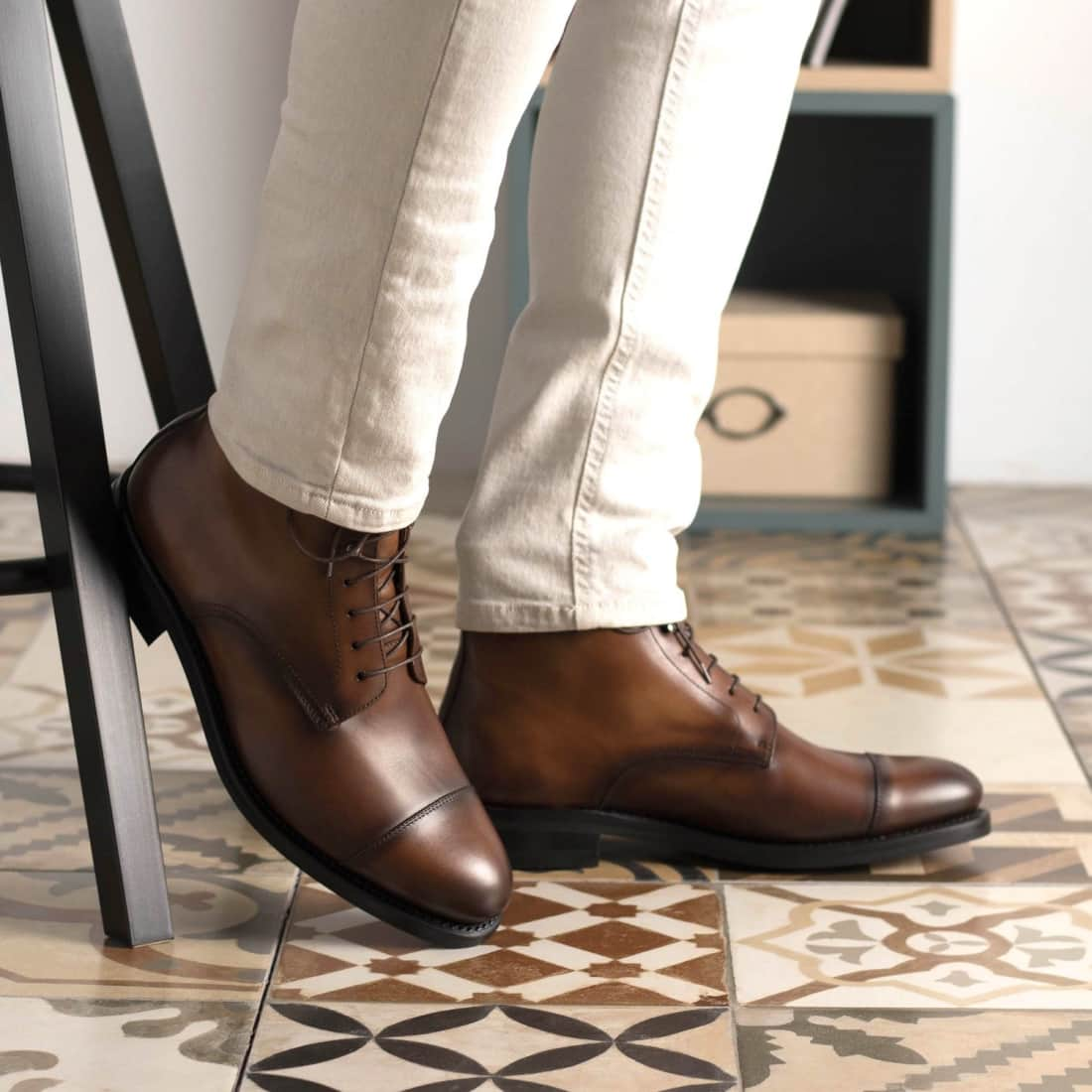 Bottines Bout Droit en cuir marron - Semelles Dainite®