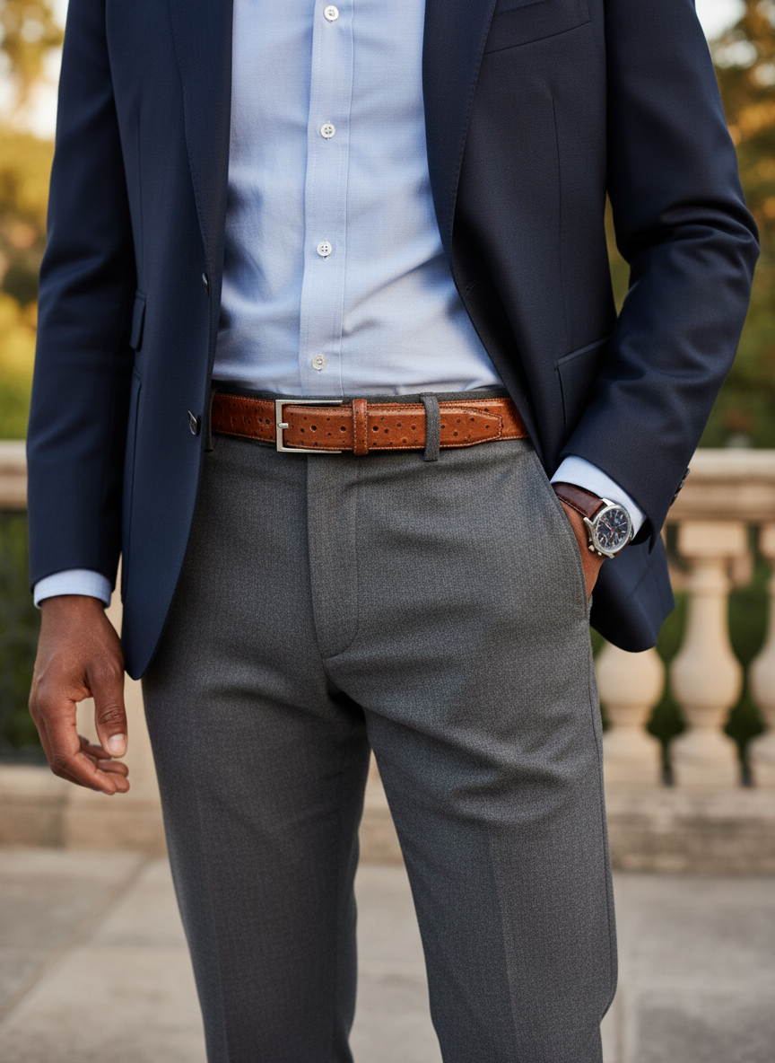 Ceinture en cuir cognac façon autruche 35 mm