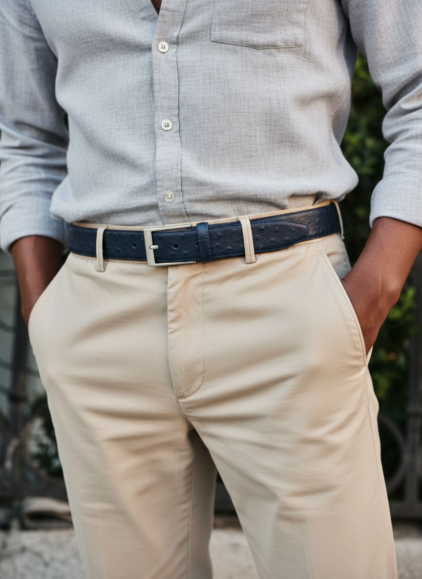 Ceinture en cuir bleu marine façon autruche 35 mm – vue 5