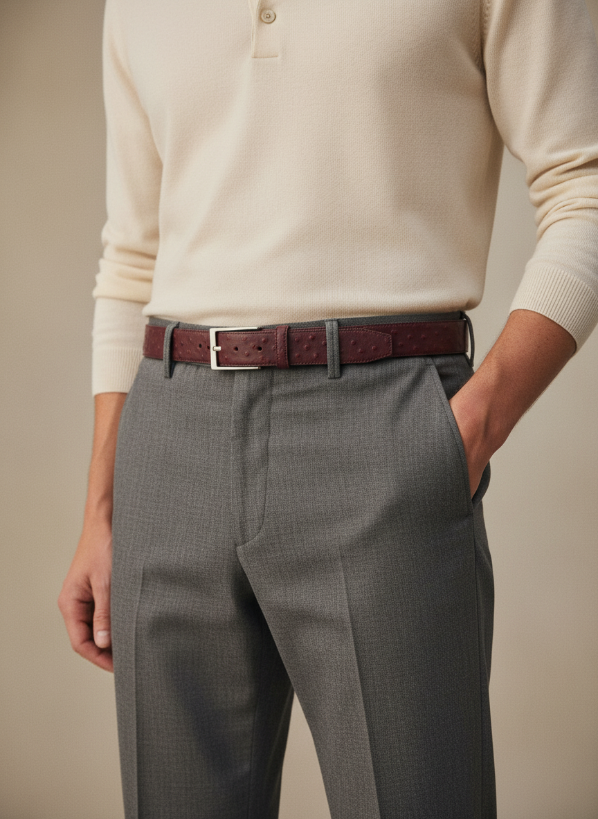 Ceinture en cuir bordeaux façon autruche 35 mm