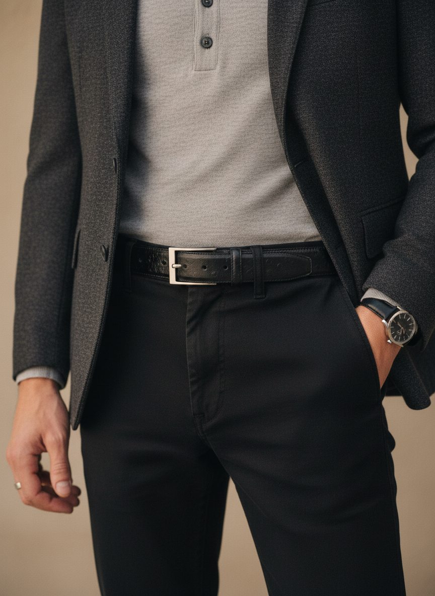 Ceinture en cuir noir façon autruche 35 mm