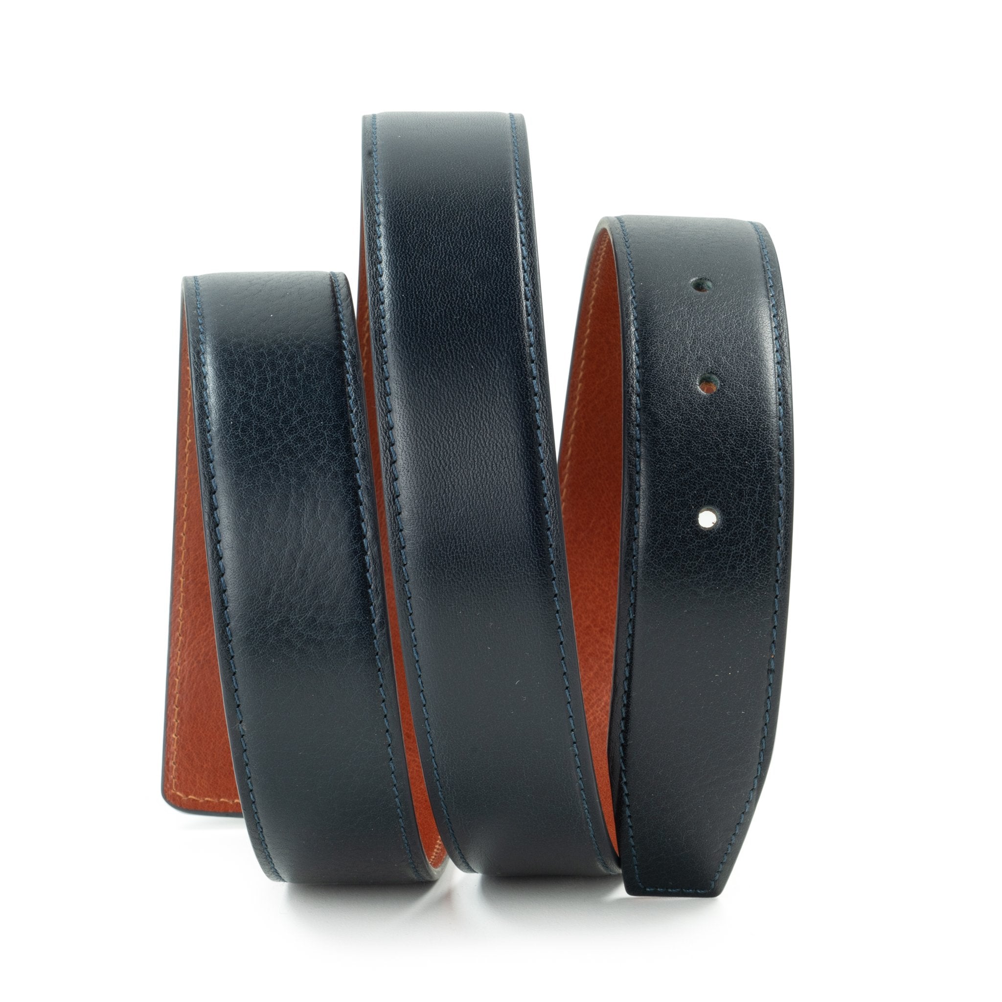 Ceinture compatible boucle Hermès 32 mm – Cuir Bleu Marine / Cognac
