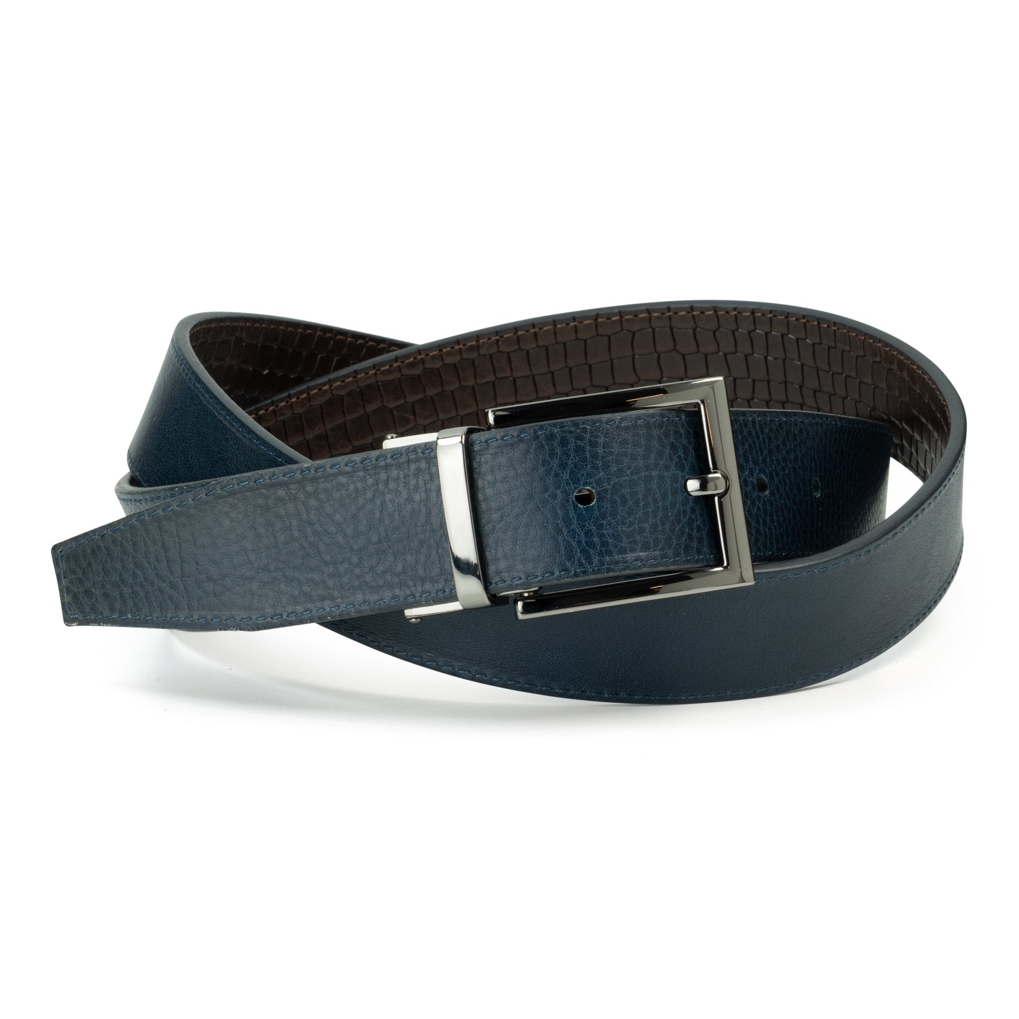 Ceinture en cuir Marron Foncé - Bleu Marine façon croco réversible 35 mm