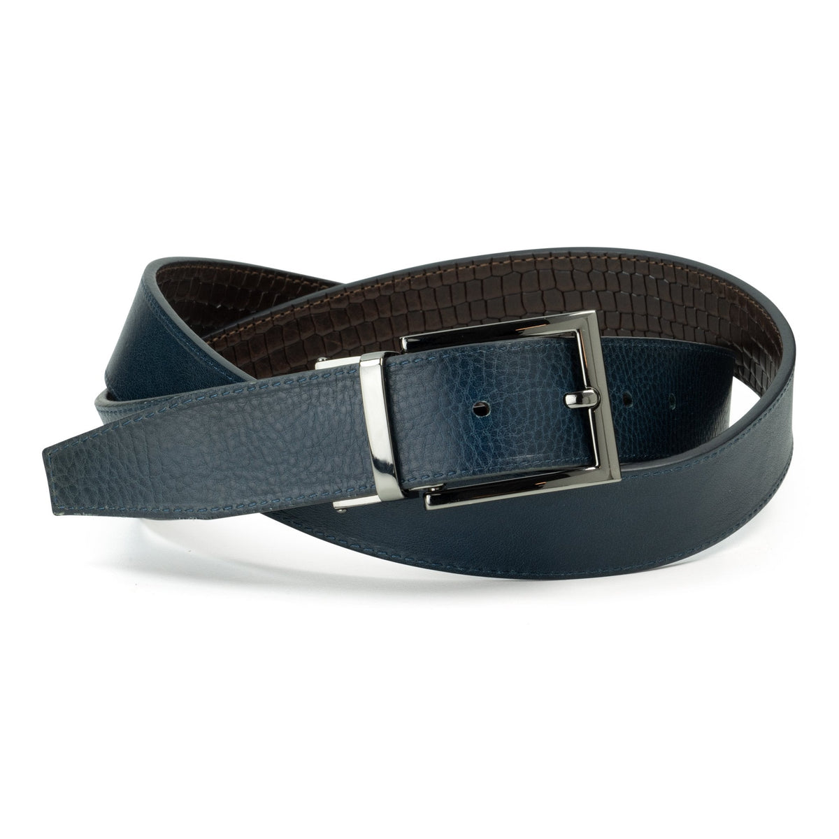 Ceinture en cuir Marron Foncé - Bleu Marine façon croco réversible 35 mm – vue 2