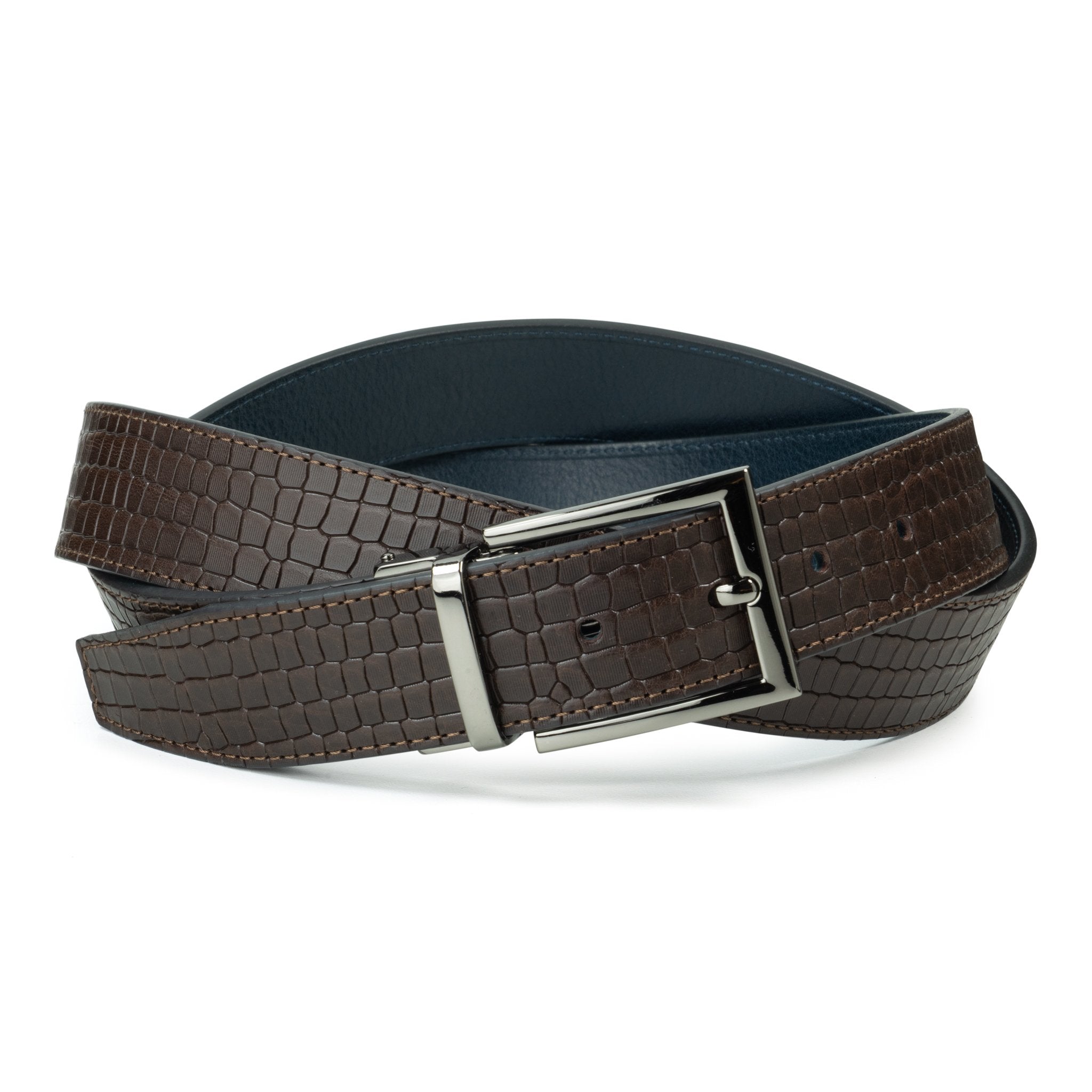 Ceinture en cuir Marron Foncé - Bleu Marine façon croco réversible 35 mm