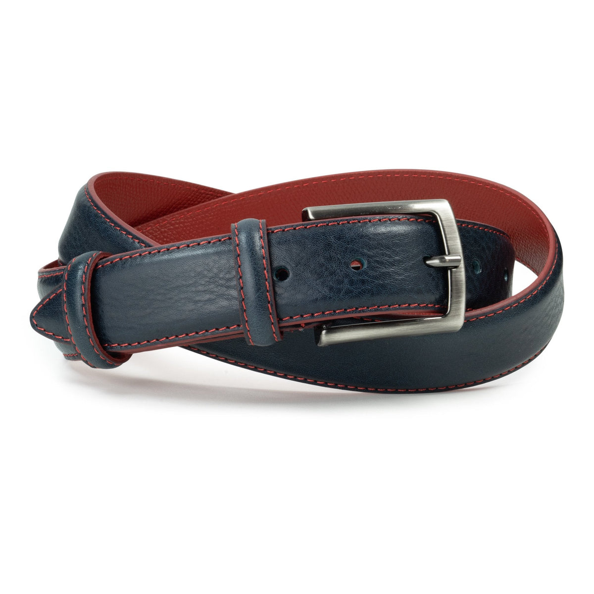 Ceinture en cuir bleu marine – surpiqûre rouge, doublure rouge, 35 mm