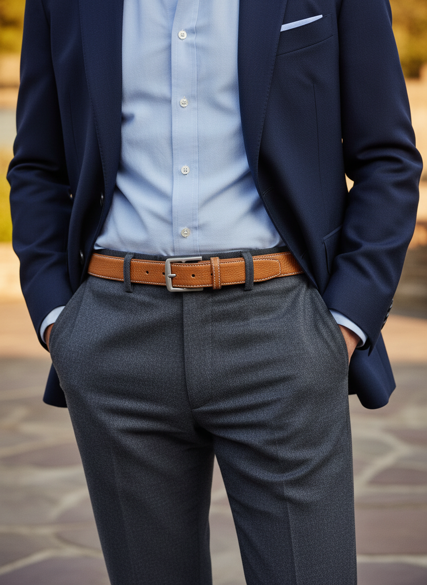 Ceinture en cuir grainé à boucle étrivière - Marron Clair