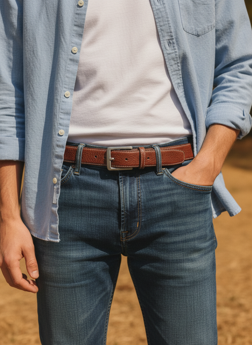 Ceinture en cuir grainé à boucle étrivière - Marron