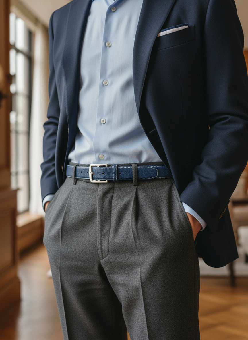 Ceinture en cuir grainé à boucle étrivière - Bleu Marine