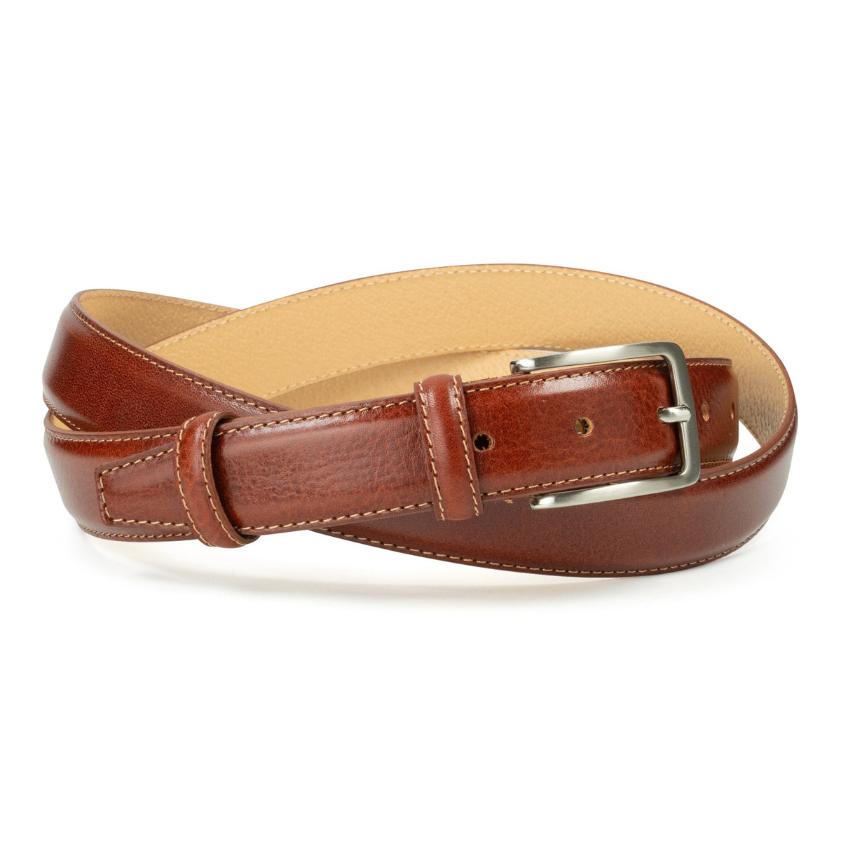 Ceinture en cuir cognac – surpiqûre écru, doublure clair, 30 mm