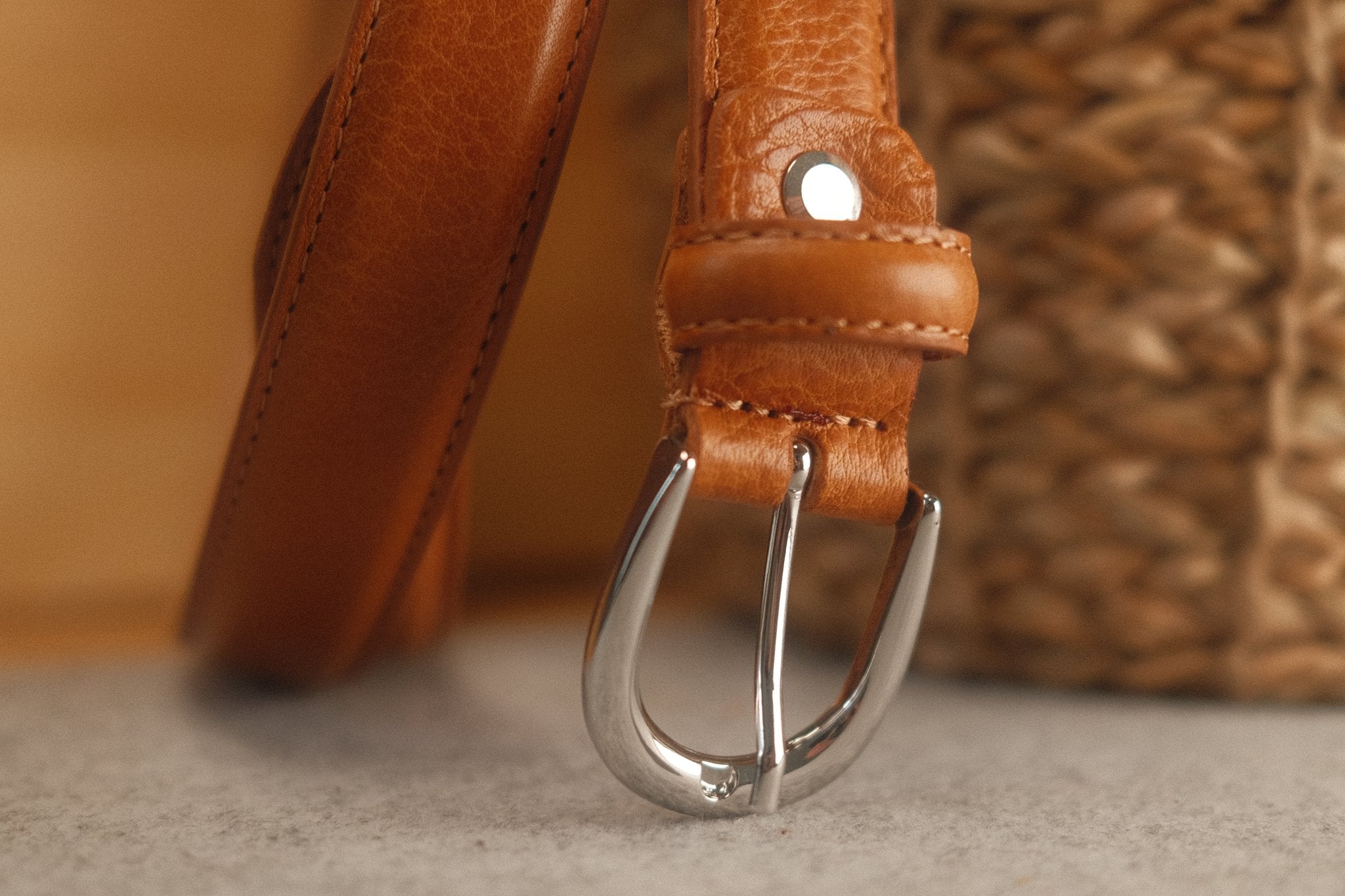 Ceinture femme cuir camel boucle ronde fine 25 mm