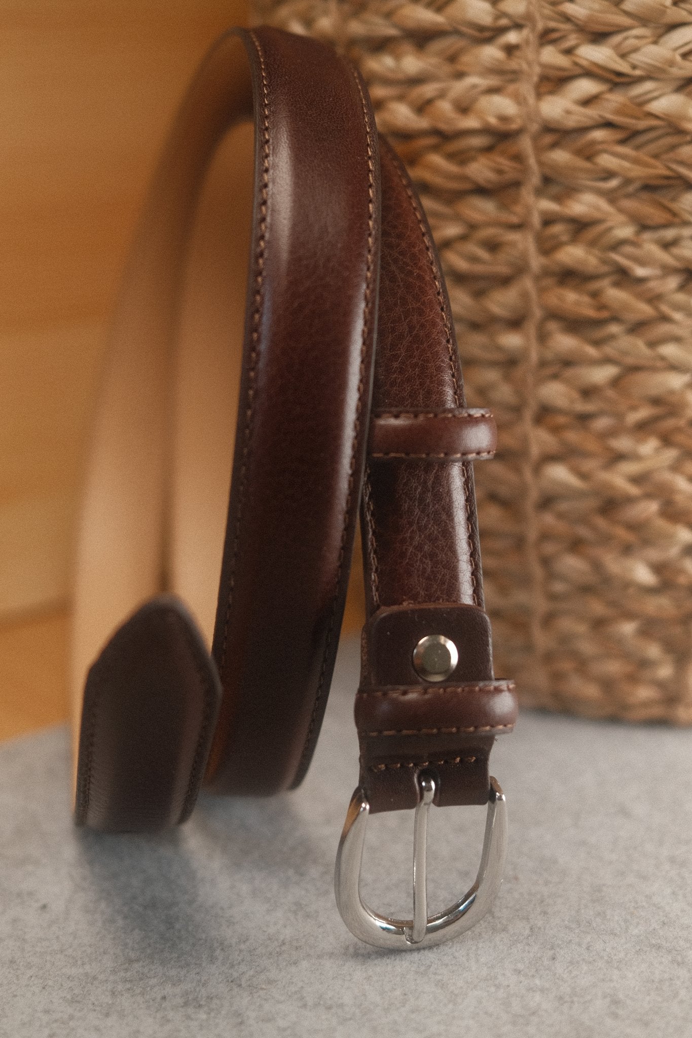 Ceinture femme cuir marron foncé boucle ronde fine 25 mm