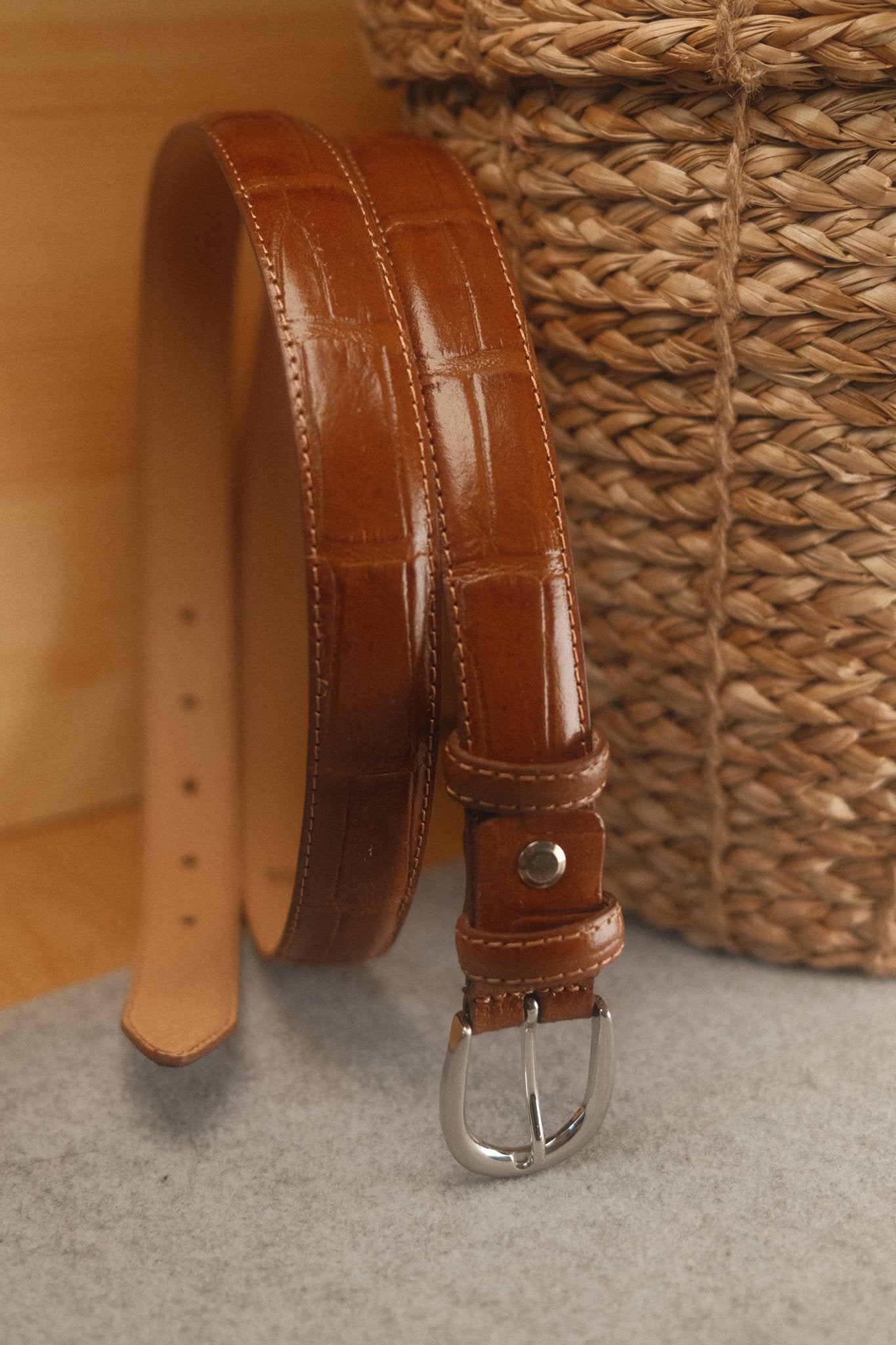 Ceinture femme cuir croco camel fine 25 mm Norbert Bottier Accessoires Norbert Bottier
