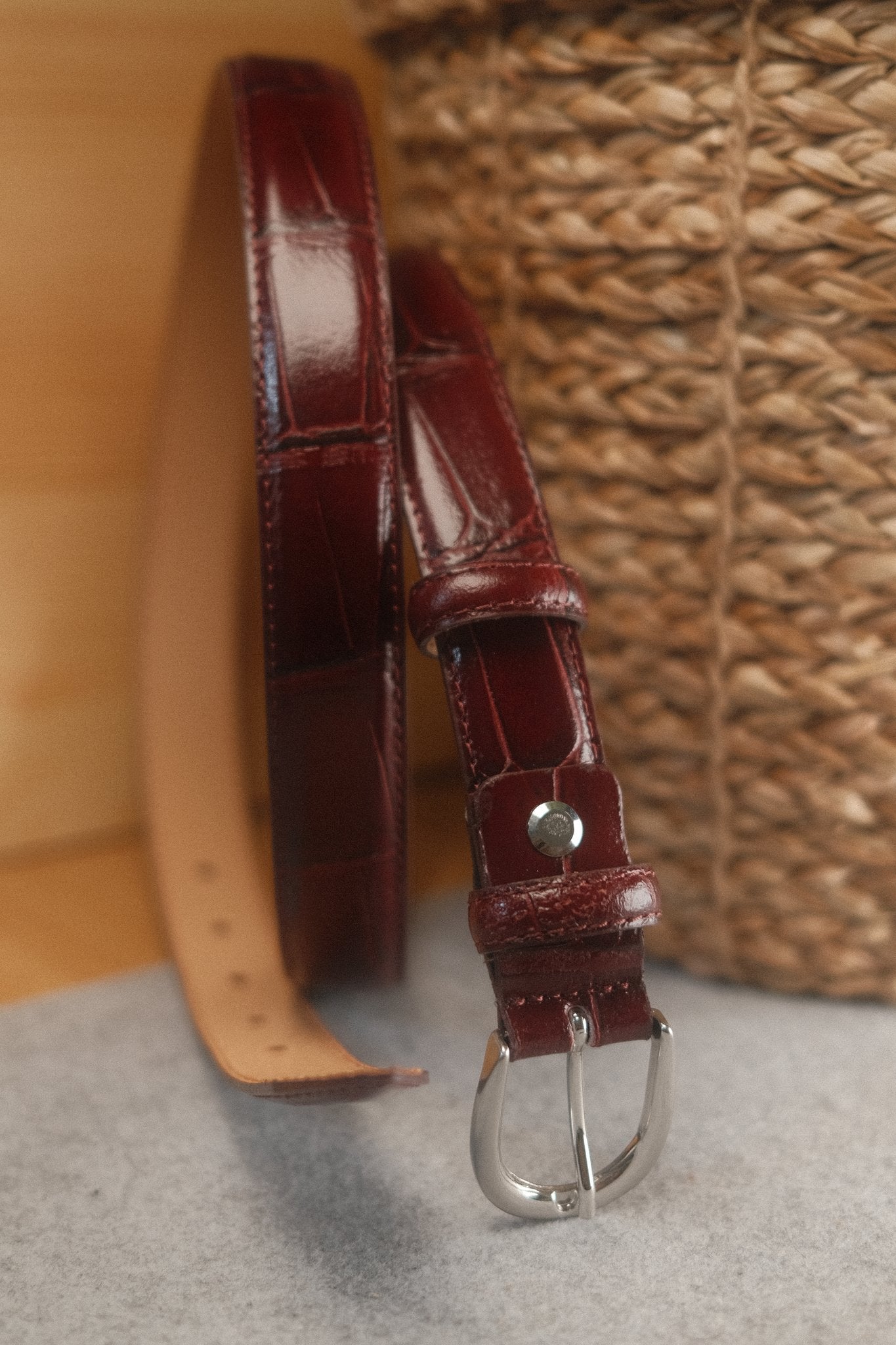 Ceinture femme cuir croco bordeaux fine 25 mm Norbert Bottier Accessoires Norbert Bottier