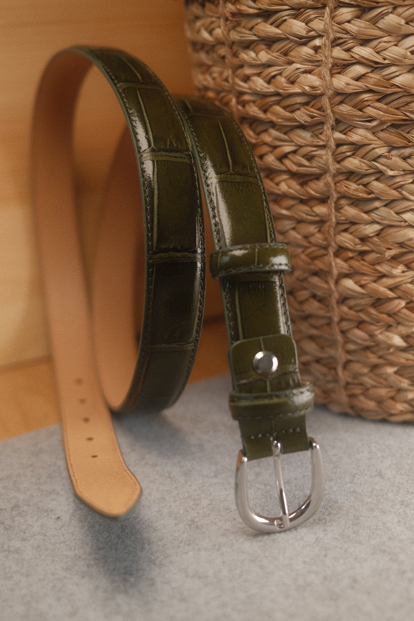 Ceinture femme cuir croco vert forêt fine 25 mm Norbert Bottier Accessoires Norbert Bottier
