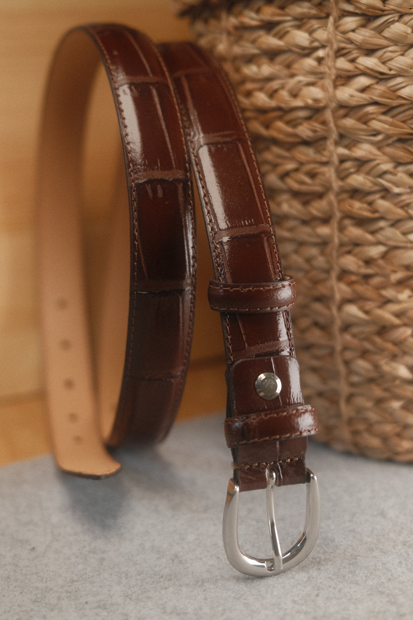Ceinture femme cuir croco marron fine 25 mm Norbert Bottier Accessoires Norbert Bottier