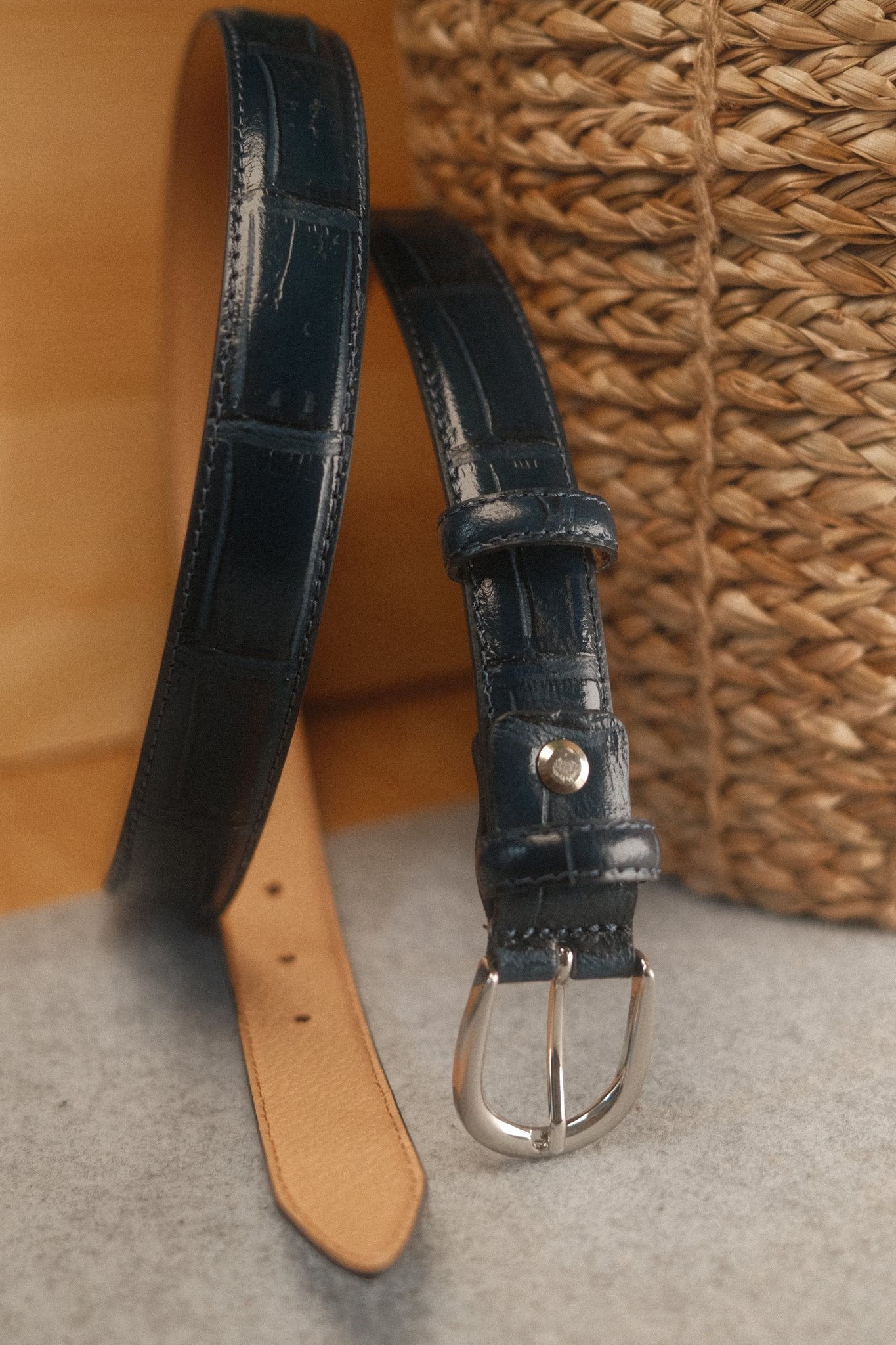 Ceinture femme cuir croco bleu marine fine 25 mm Norbert Bottier Accessoires Norbert Bottier