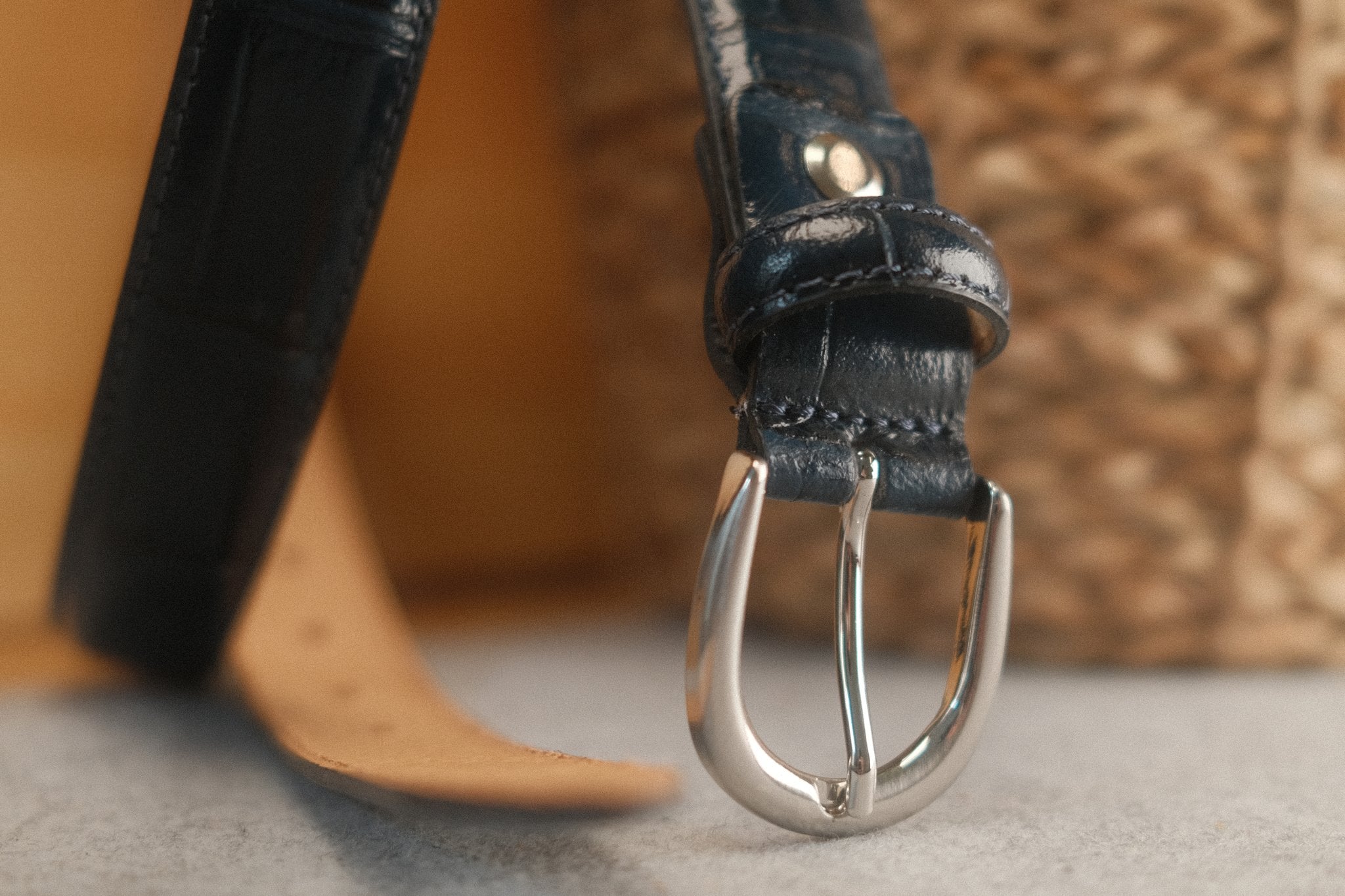 Ceinture femme cuir croco bleu marine fine 25 mm Norbert Bottier Accessoires Norbert Bottier