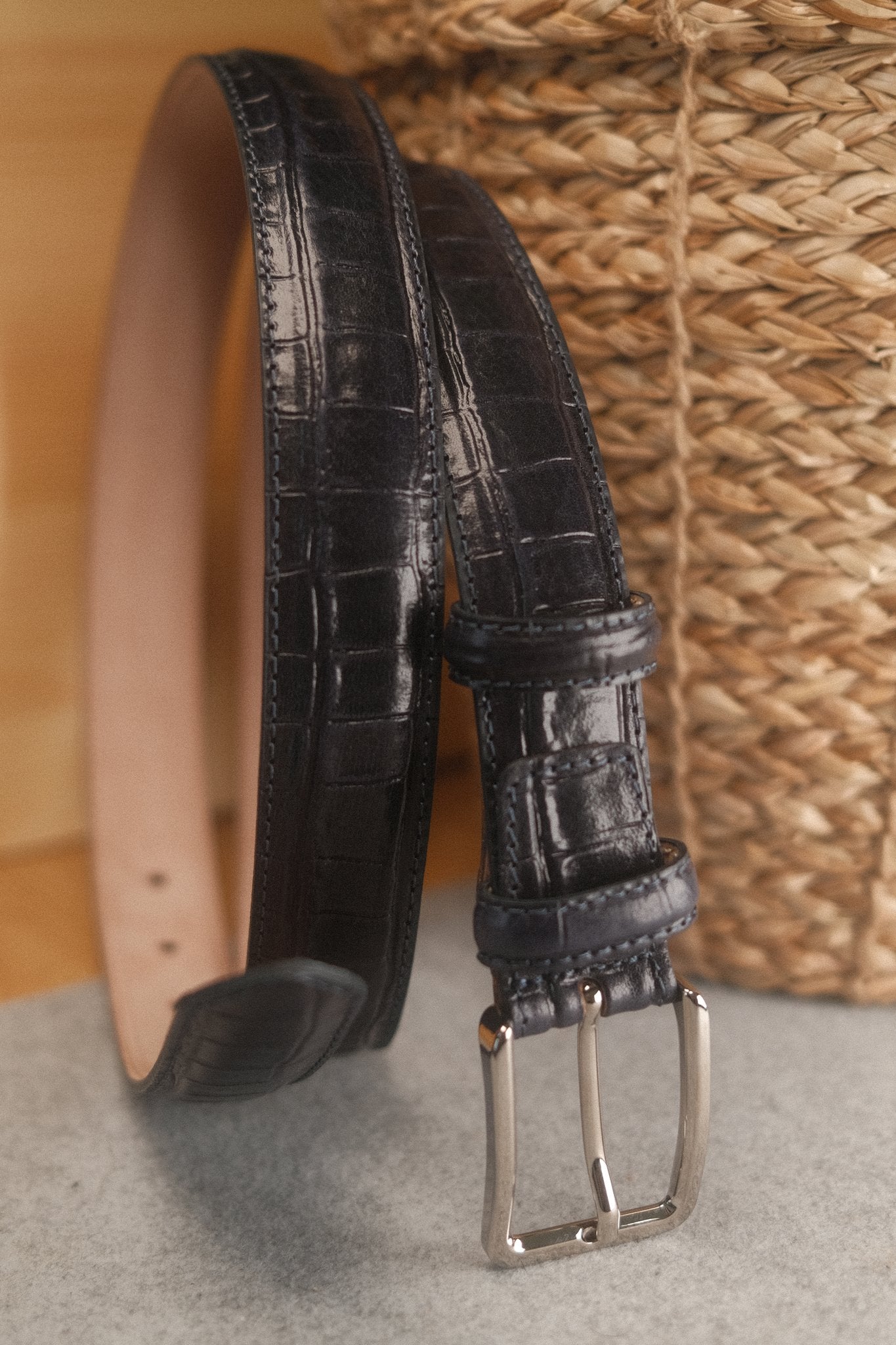 Ceinture cuir façon croco 30 mm – Bleu marine Norbert Bottier Accessoires Norbert Bottier