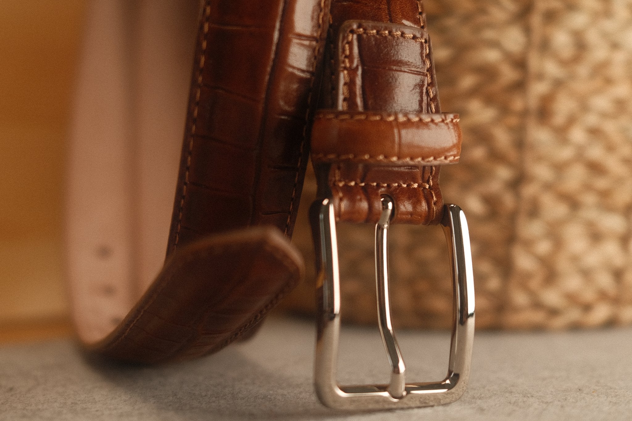Ceinture en cuir façon croco 30 mm – cognac