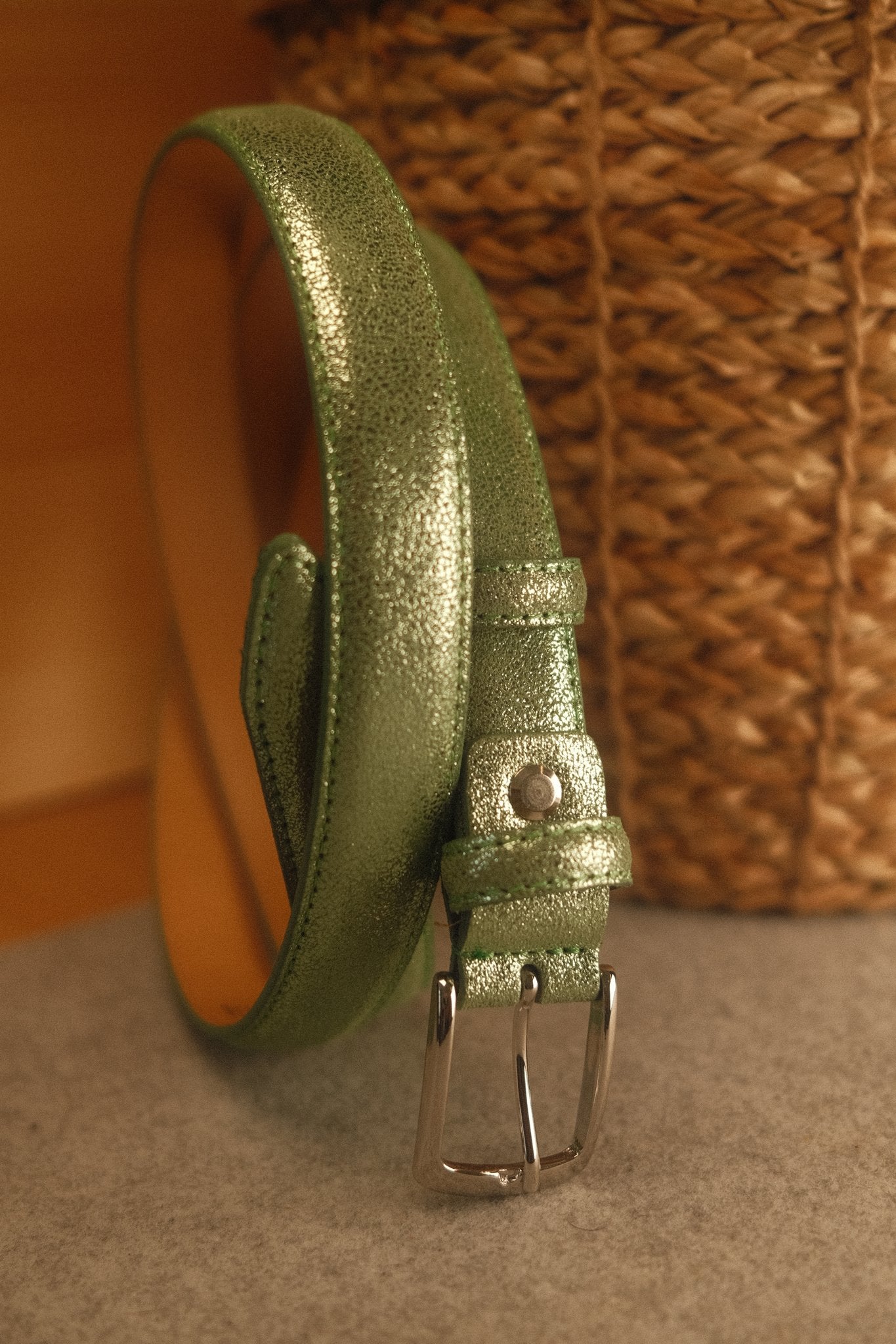 Ceinture femme cuir métallisé vert amande fine 25 mm Norbert Bottier Accessoires Norbert Bottier