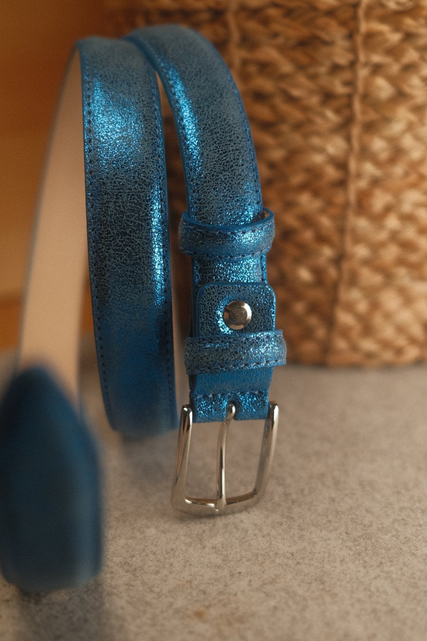 Ceinture femme cuir métallisé bleu jean fine 25 mm Norbert Bottier Accessoires Norbert Bottier