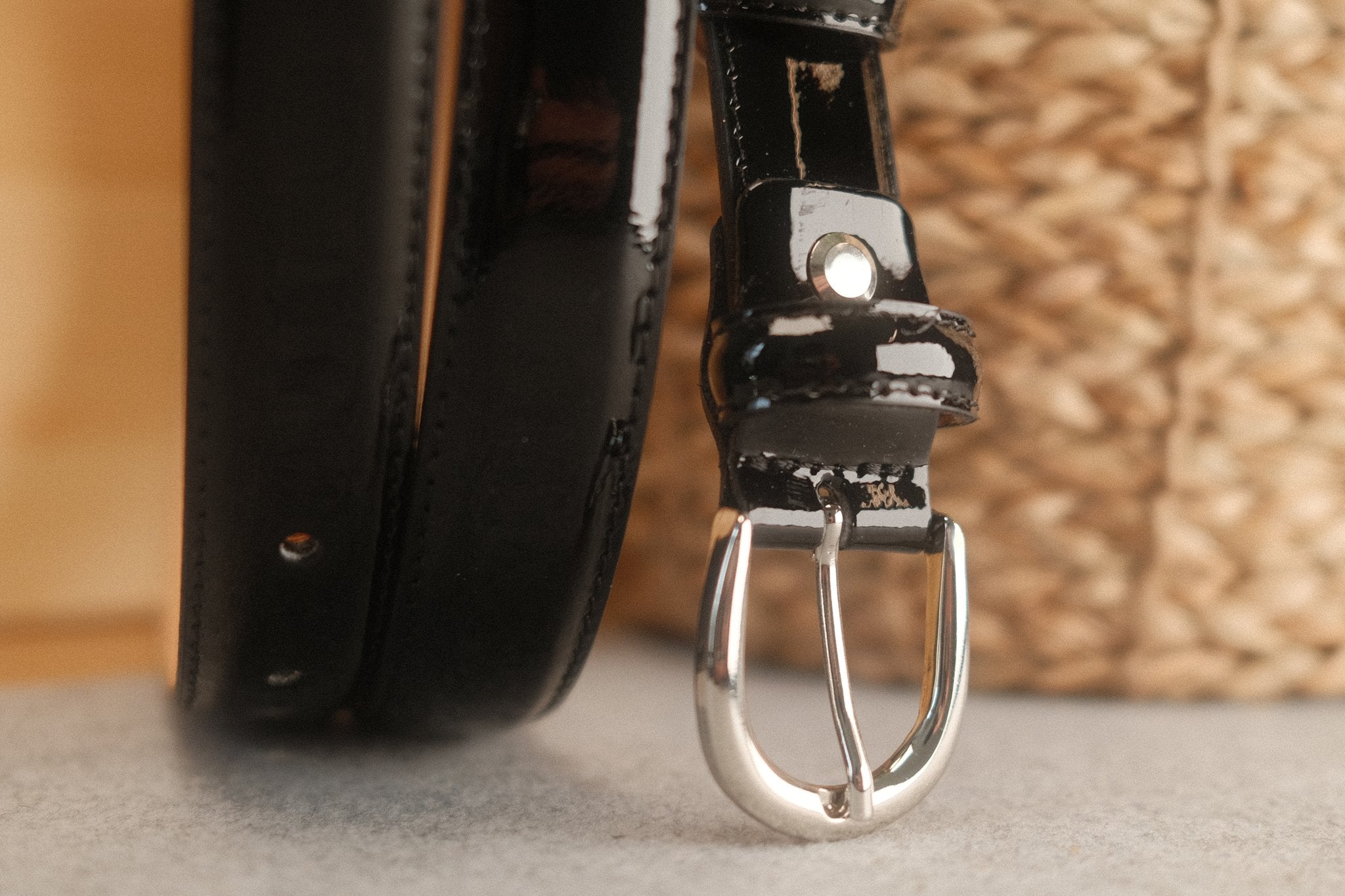 Ceinture femme cuir vernis noir boucle ronde fine 25 mm Norbert Bottier Accessoires Norbert Bottier