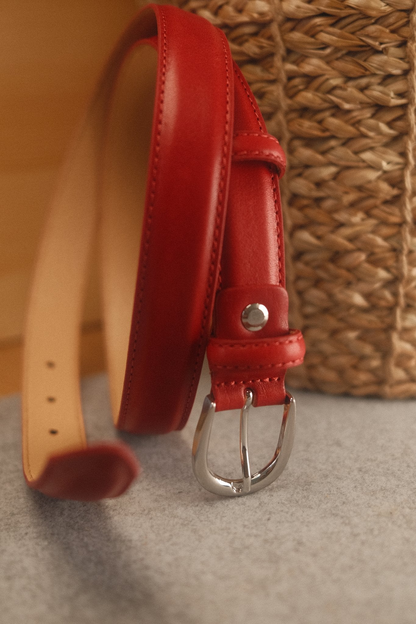 Ceinture femme cuir rouge boucle ronde fine 25 mm