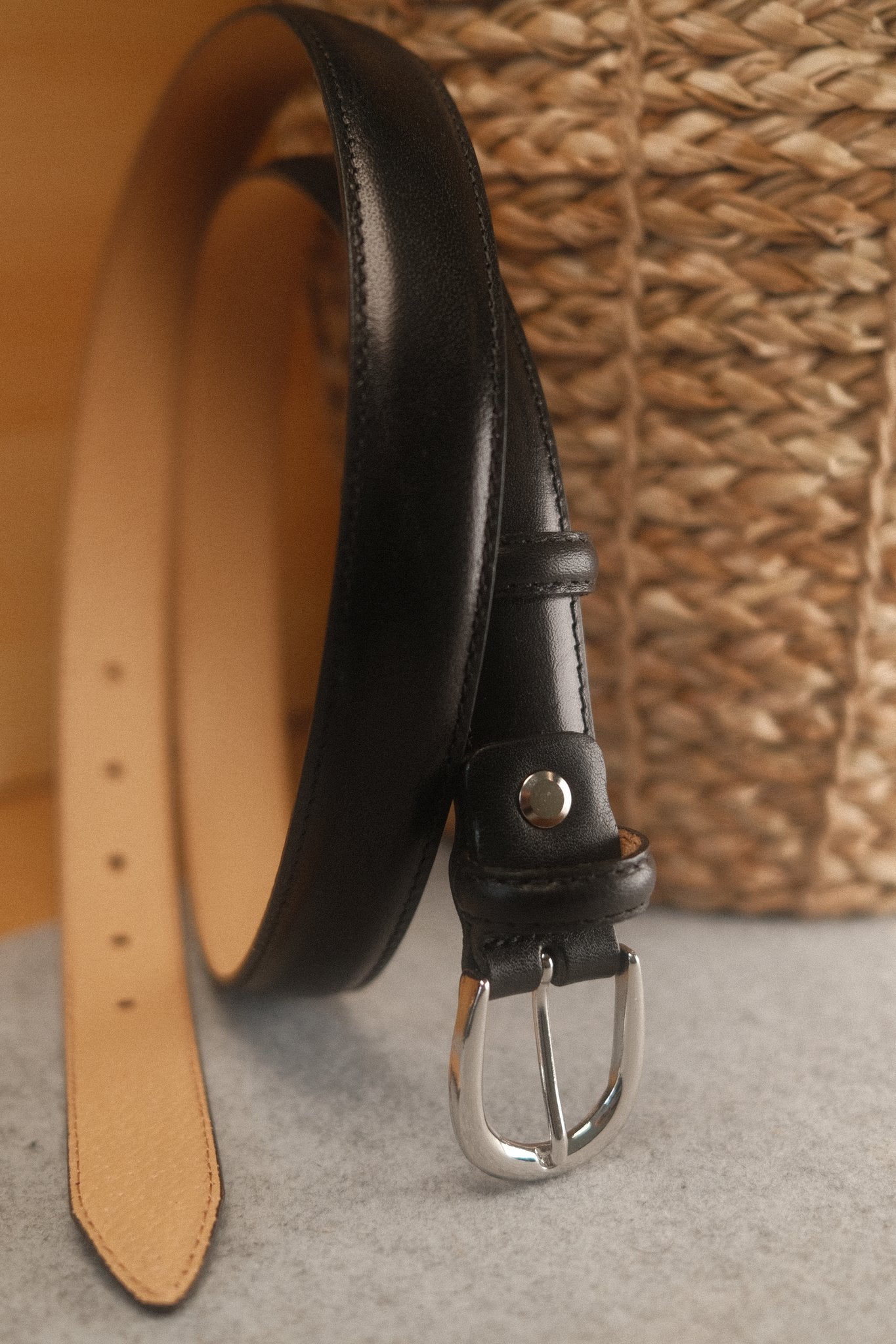 Ceinture femme cuir noir boucle ronde fine 25 mm