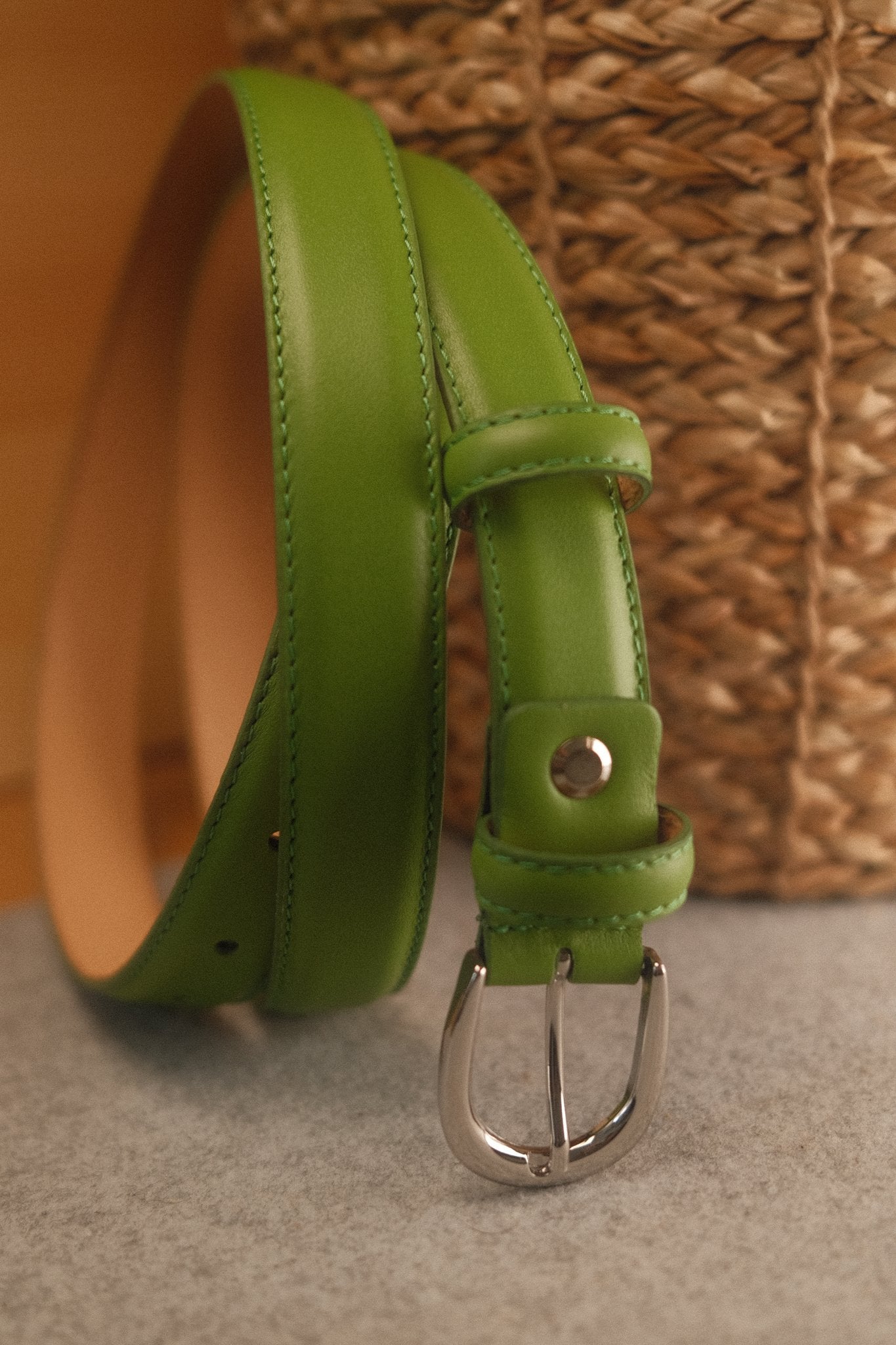 Ceinture femme cuir vert pomme boucle ronde fine 25 mm Norbert Bottier Accessoires Norbert Bottier