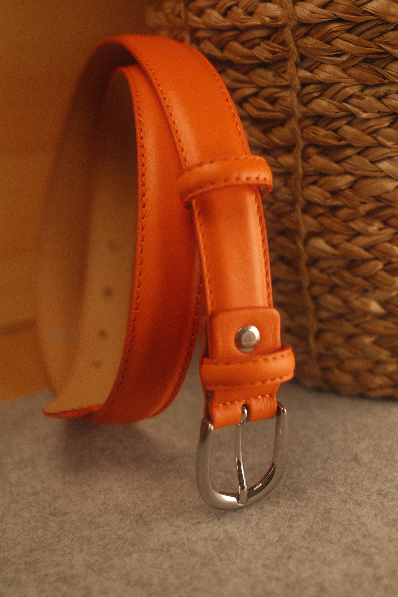 Ceinture femme cuir orange boucle ronde fine 25 mm