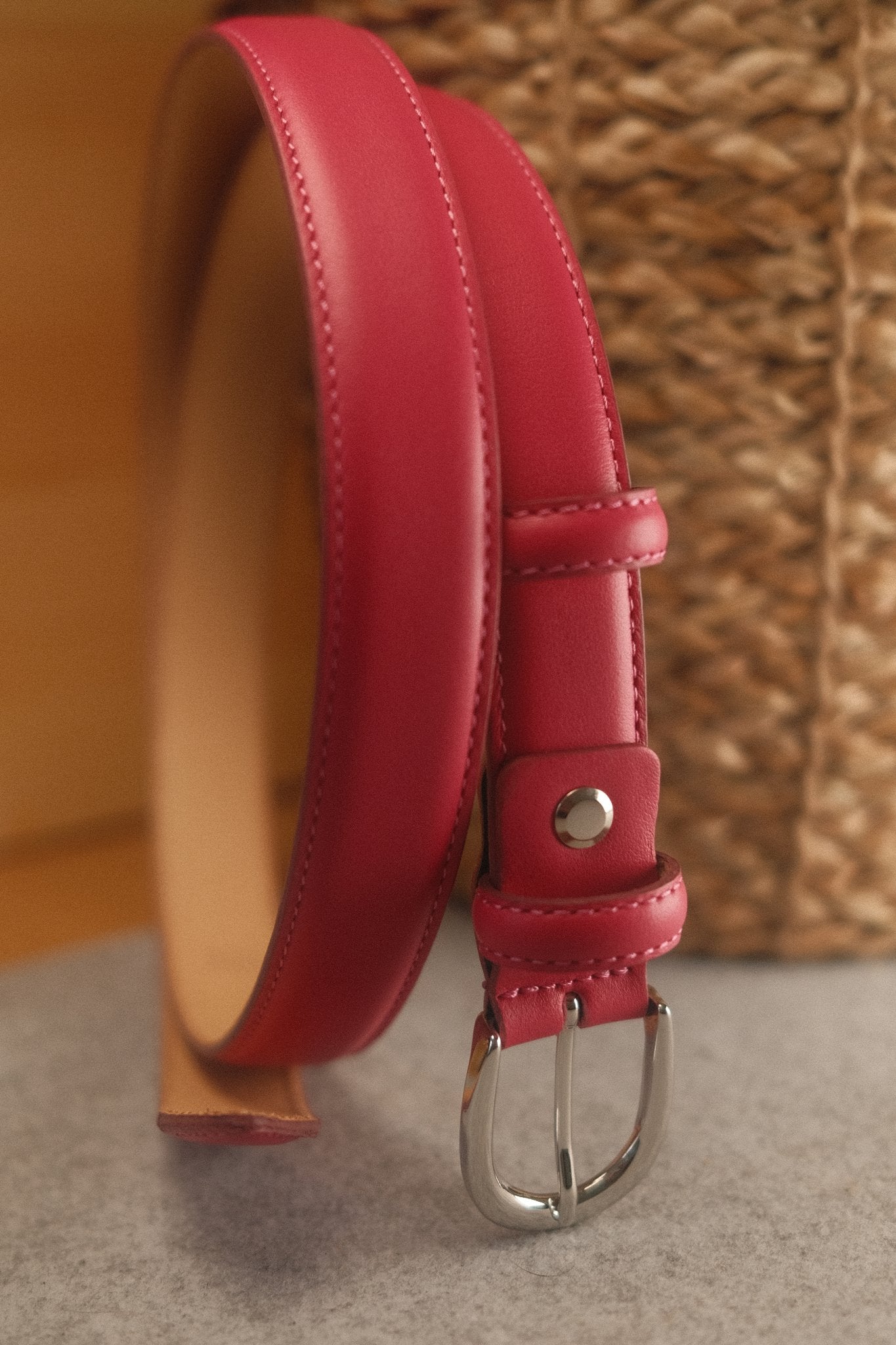 Ceinture femme cuir fuschia boucle ronde fine 25 mm