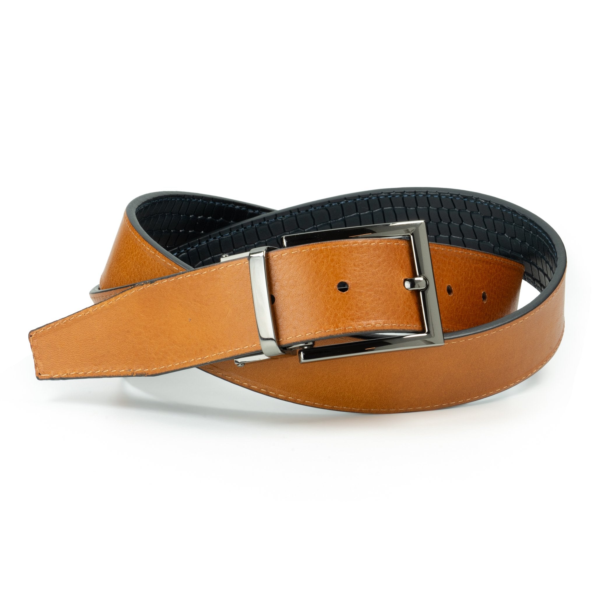 Ceinture en cuir Bleu Marine – Marron Clair façon croco réversible 35 mm