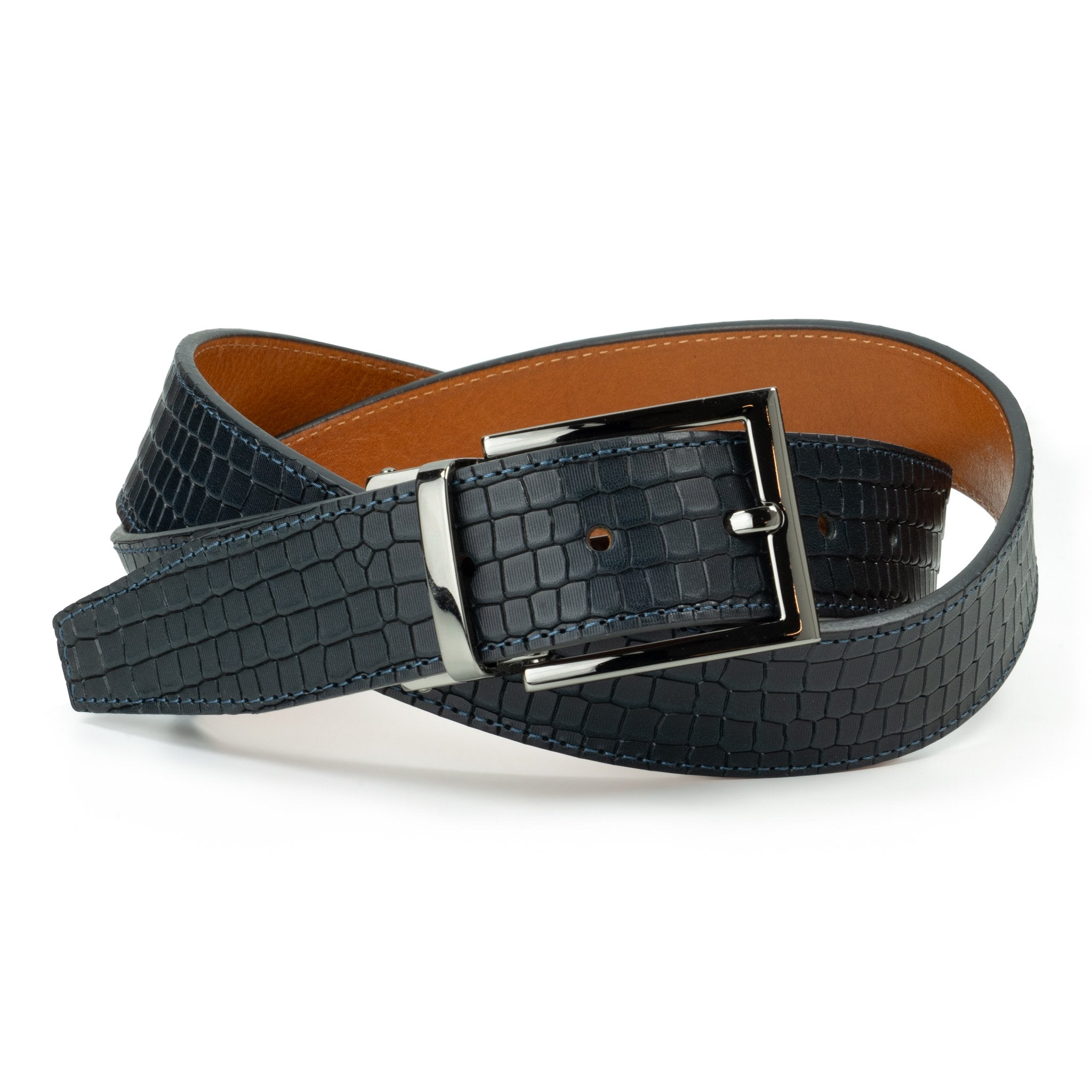 Ceinture en cuir Bleu Marine – Marron Clair façon croco réversible 35 mm