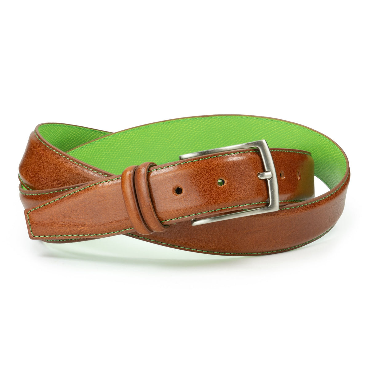 Ceinture en cuir marron clair – surpiqûre vert pistache, doublure verte, 35 mm
