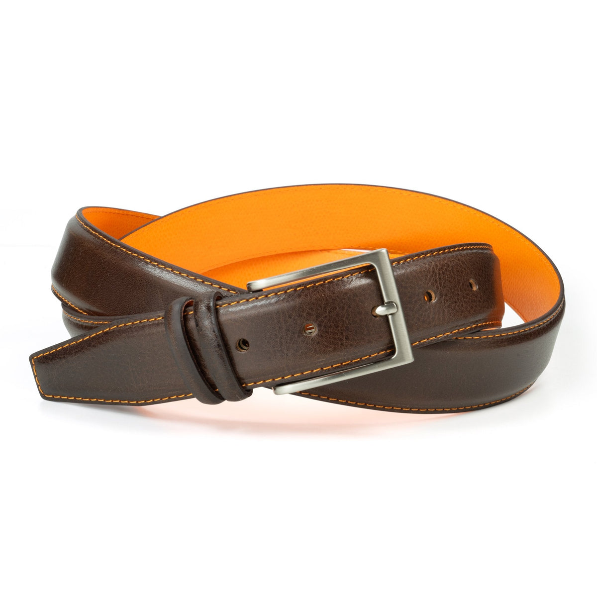 Ceinture en cuir marron – surpiqûre orange, doublure orange, 35 mm