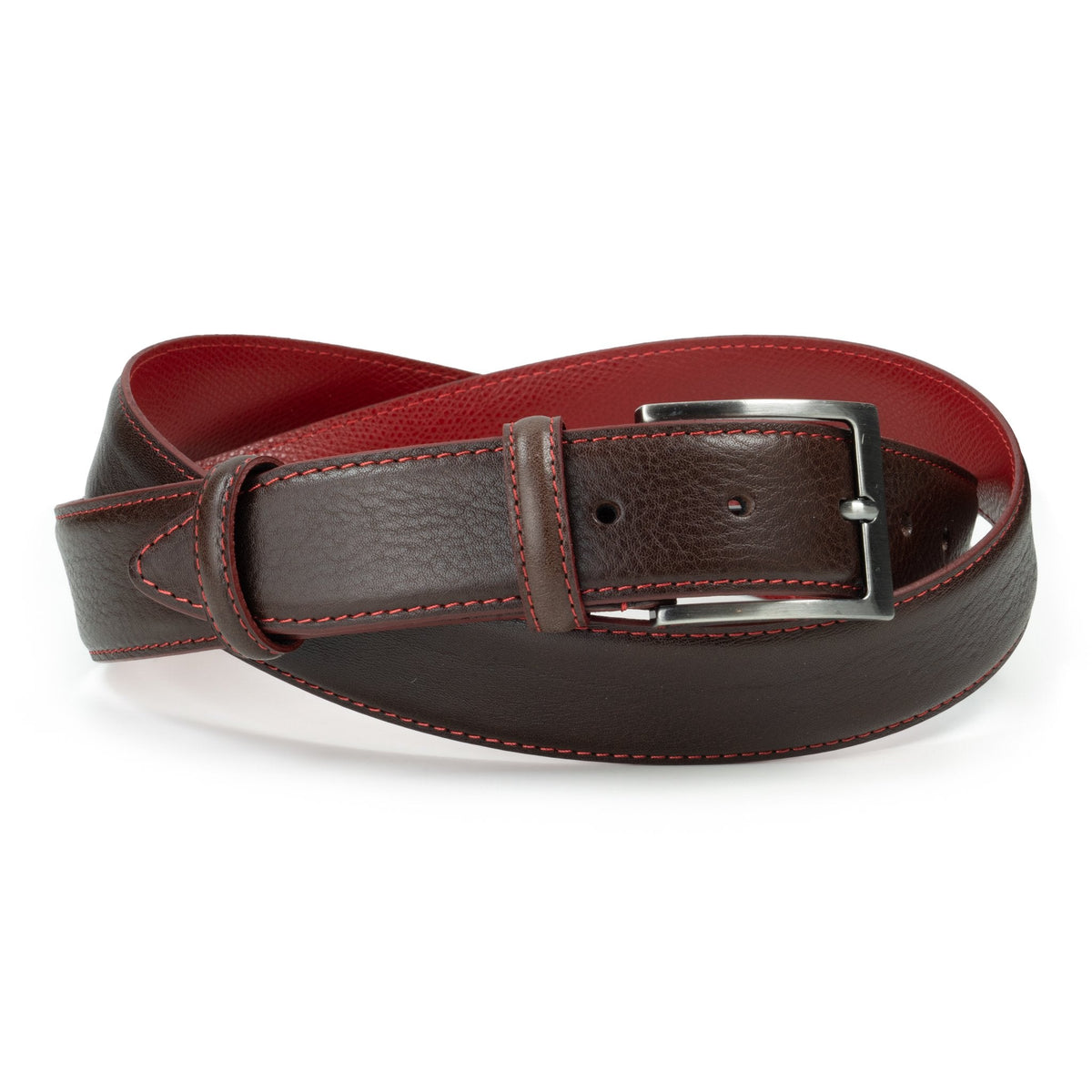 Ceinture en cuir marron – surpiqûre rouge, doublure rouge, 35 mm