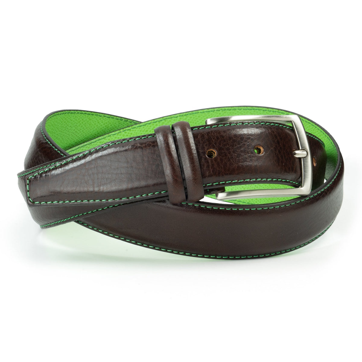 Ceinture en cuir marron foncé – surpiqûre vert pistache, doublure verte, 35 mm