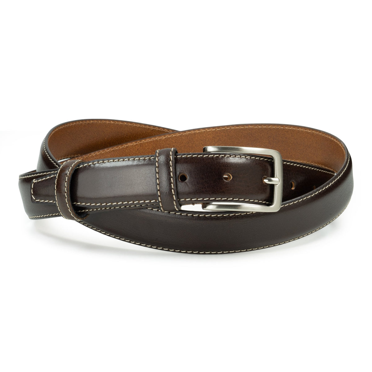 Ceinture en cuir marron foncé – surpiqûre écru, 30 mm
