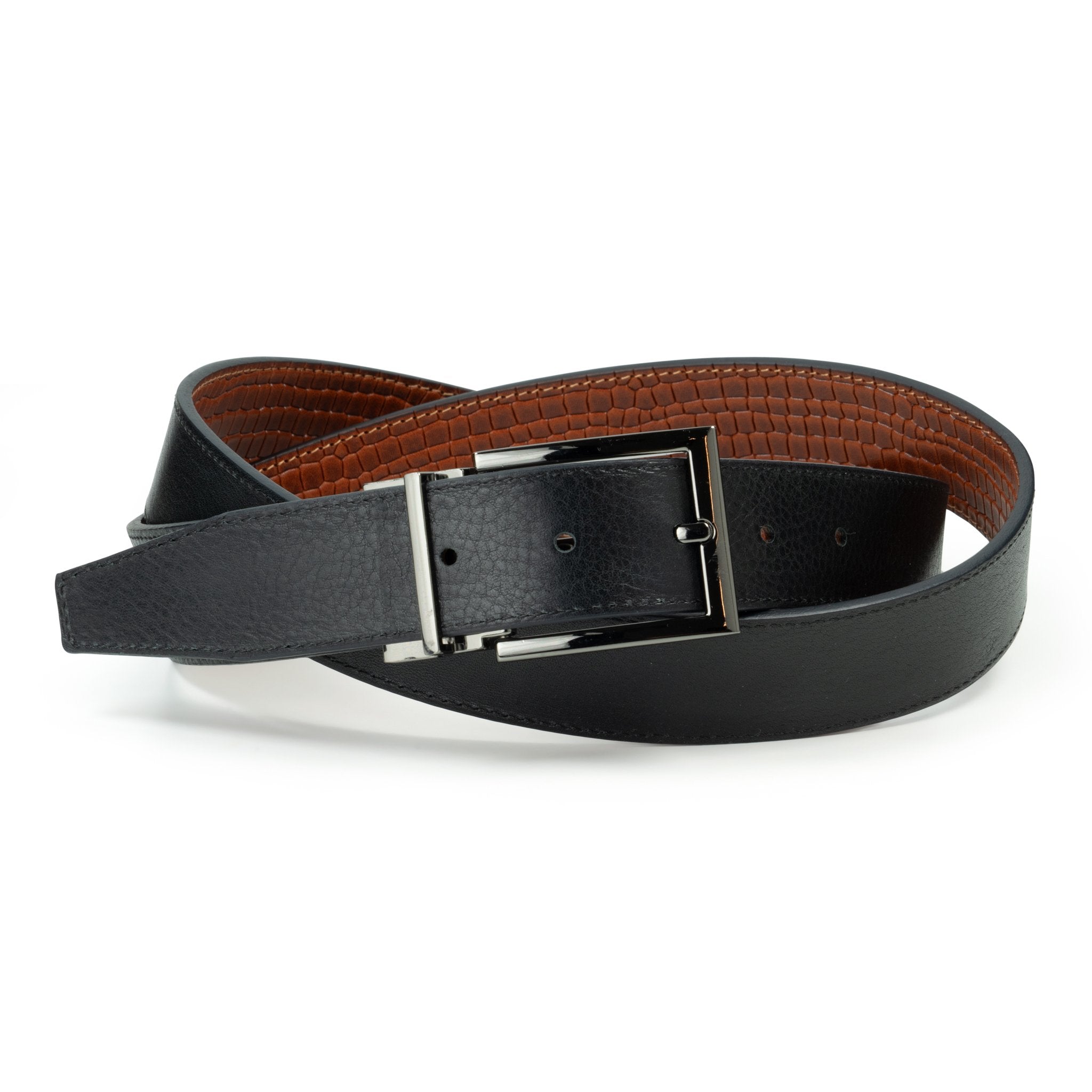 Ceinture en cuir Cognac – Noir façon croco réversible 35 mm