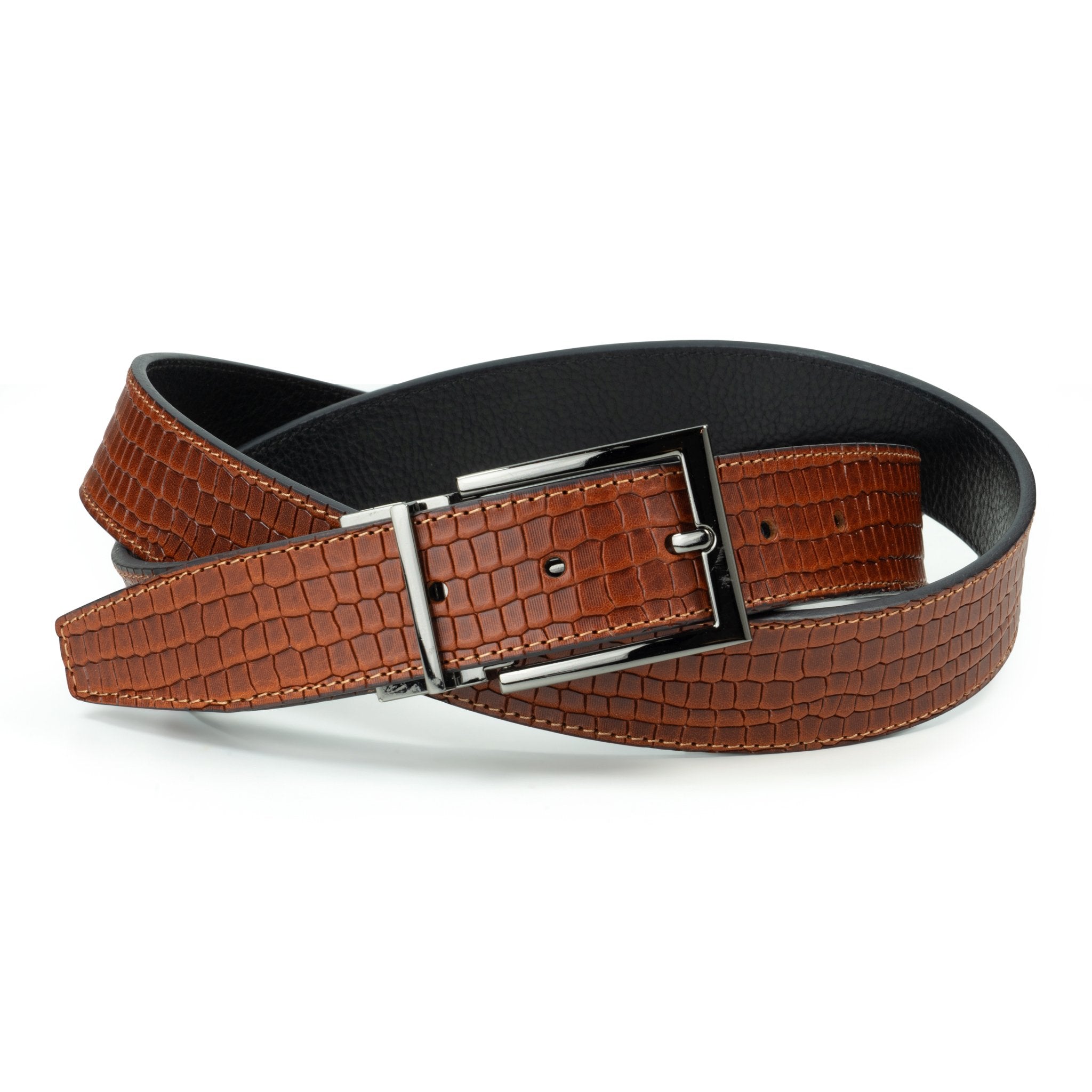 Ceinture en cuir Cognac – Noir façon croco réversible 35 mm