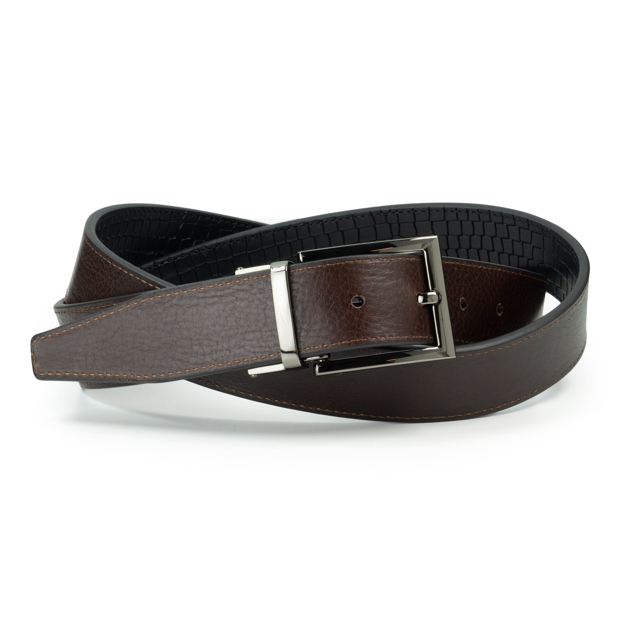 Ceinture en cuir Noir – Marron Foncé façon croco réversible 35 mm