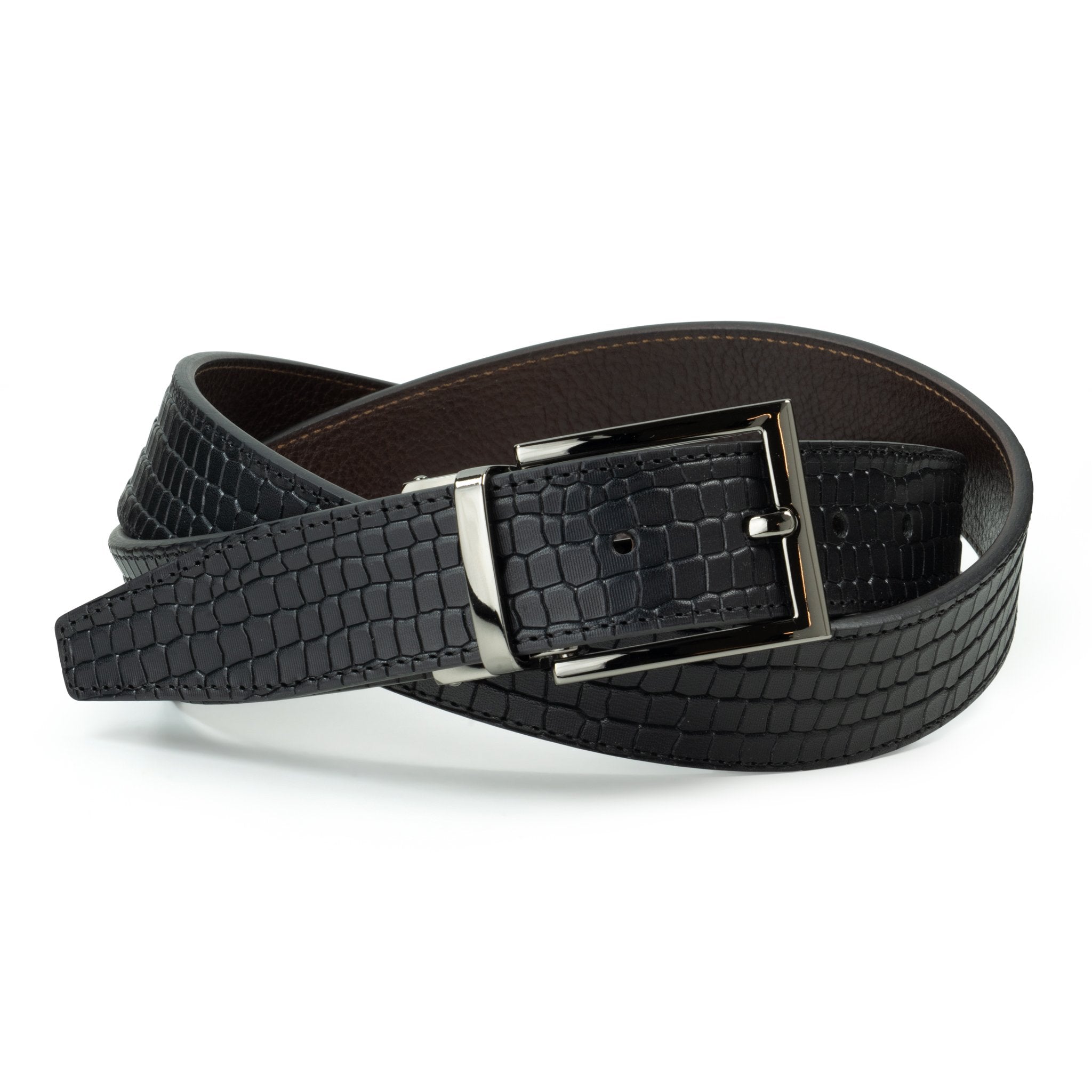 Ceinture en cuir Noir – Marron Foncé façon croco réversible 35 mm