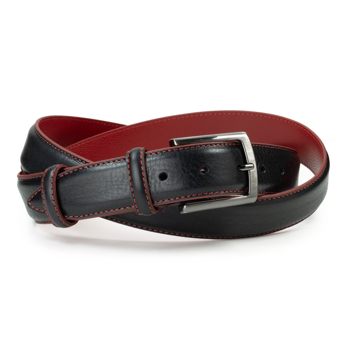 Ceinture en cuir noir – surpiqûre rouge, doublure rouge, 35 mm